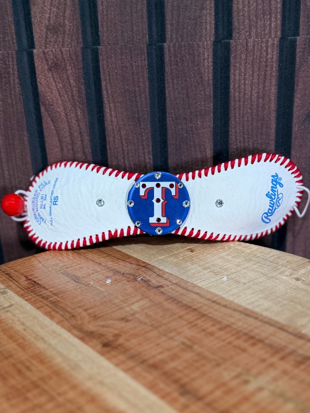 Texas Rangers baseball cuff made from an actual Rawlings baseball.